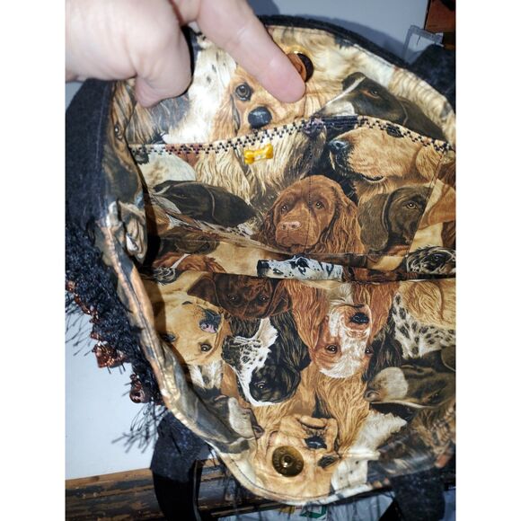 A Puppy Dog Pattern Satchel Purse Frilly Top Handle Beaded Quilted - Picture 13 of 15